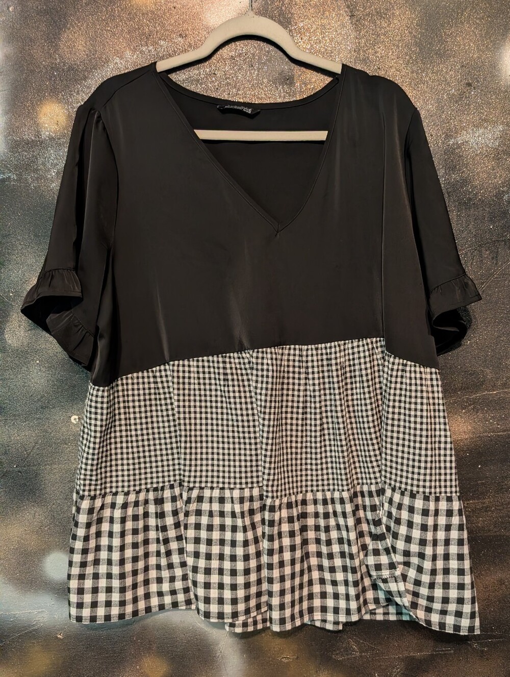 BloomChic Black V-Neck Mixed-Media Tunic with Black-and-White Gingham